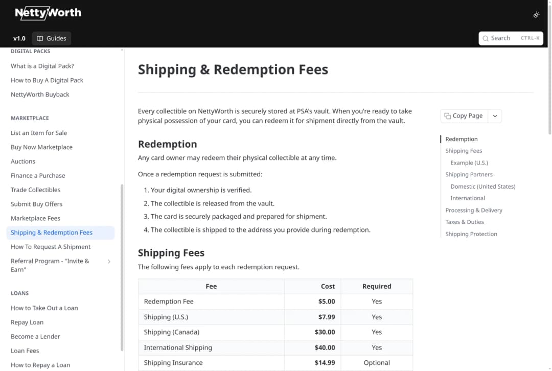 NettyWorth's published fee table: $5 redemption fee, $7.99 US shipping, $30 Canada, $40 international