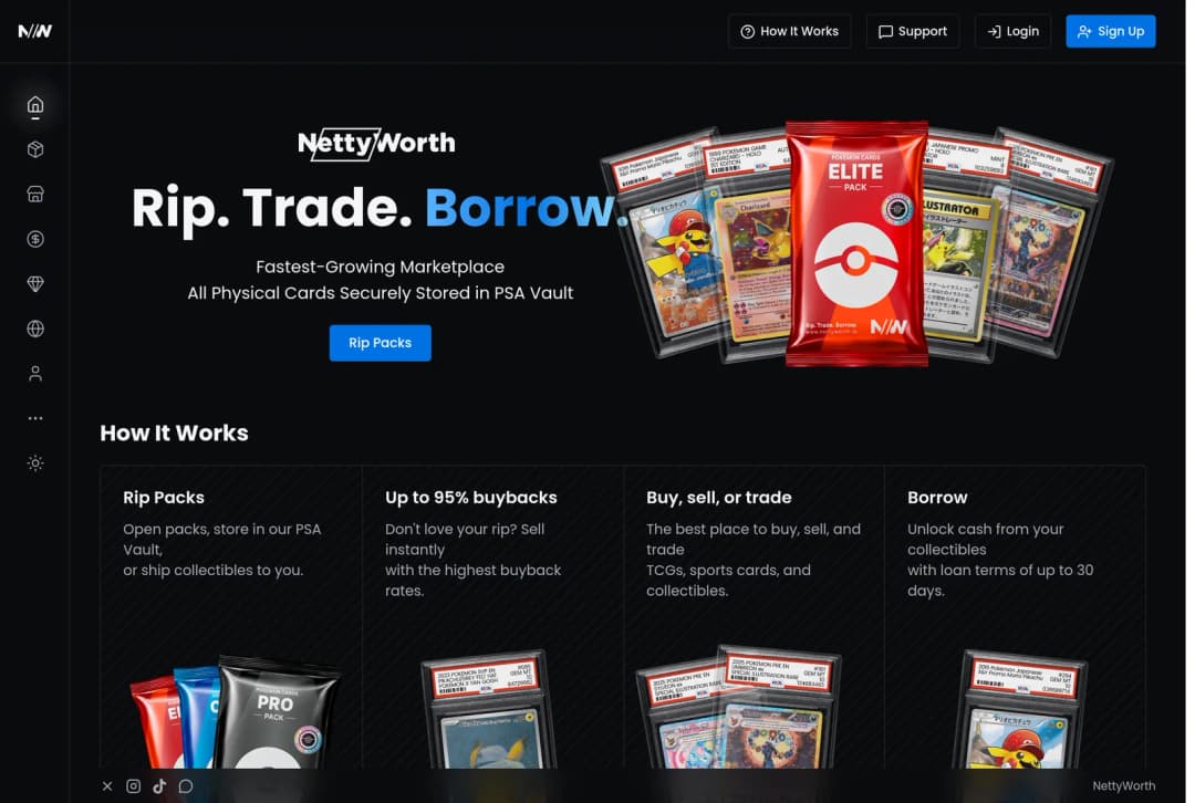 NettyWorth's homepage showing up to 95% buybacks and the option to store cards in the PSA vault or ship them