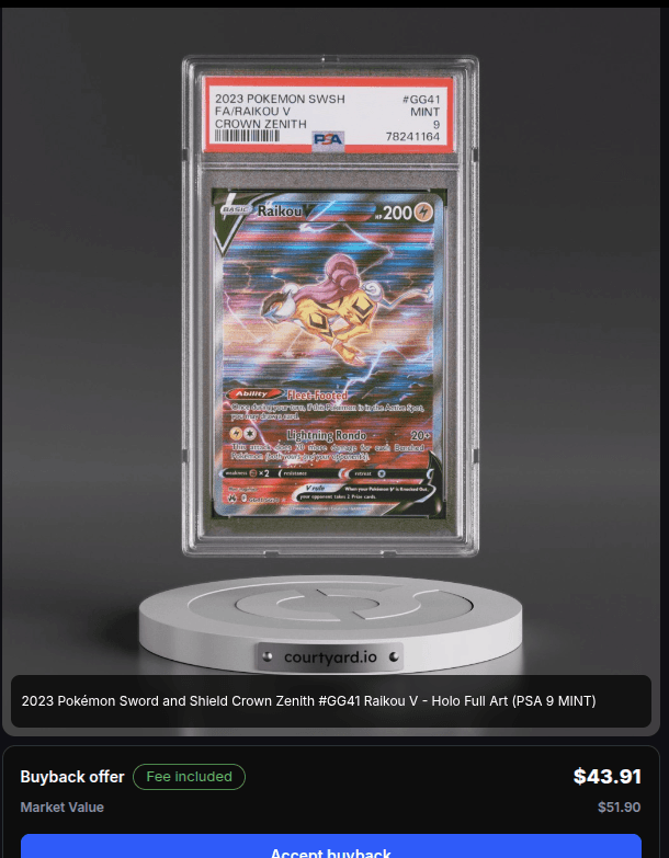 Courtyard buyback screen for a 2023 Crown Zenith Raikou V PSA 9, offering $43.91 against a $51.90 market value.