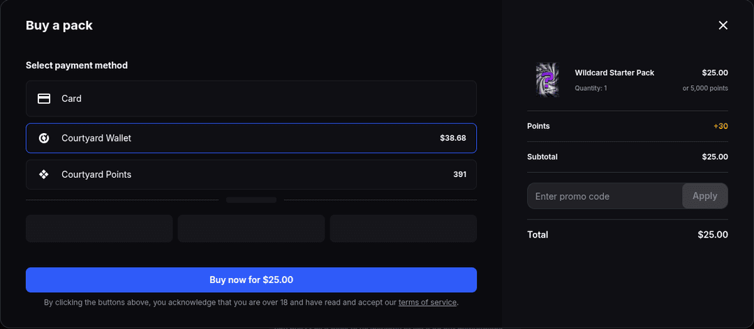Courtyard checkout showing three payment methods: card, Courtyard Wallet balance, and Courtyard Points, with a promo code field.