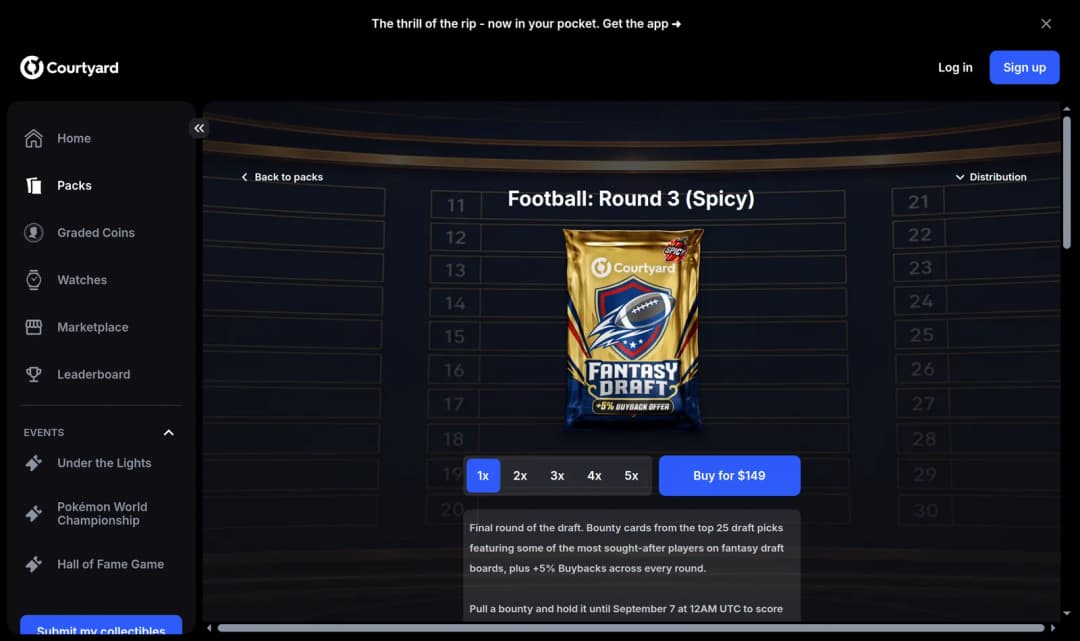 Courtyard's Football: Round 3 (Spicy) pack page, priced at $149, describing bounty cards from the top 25 fantasy draft picks