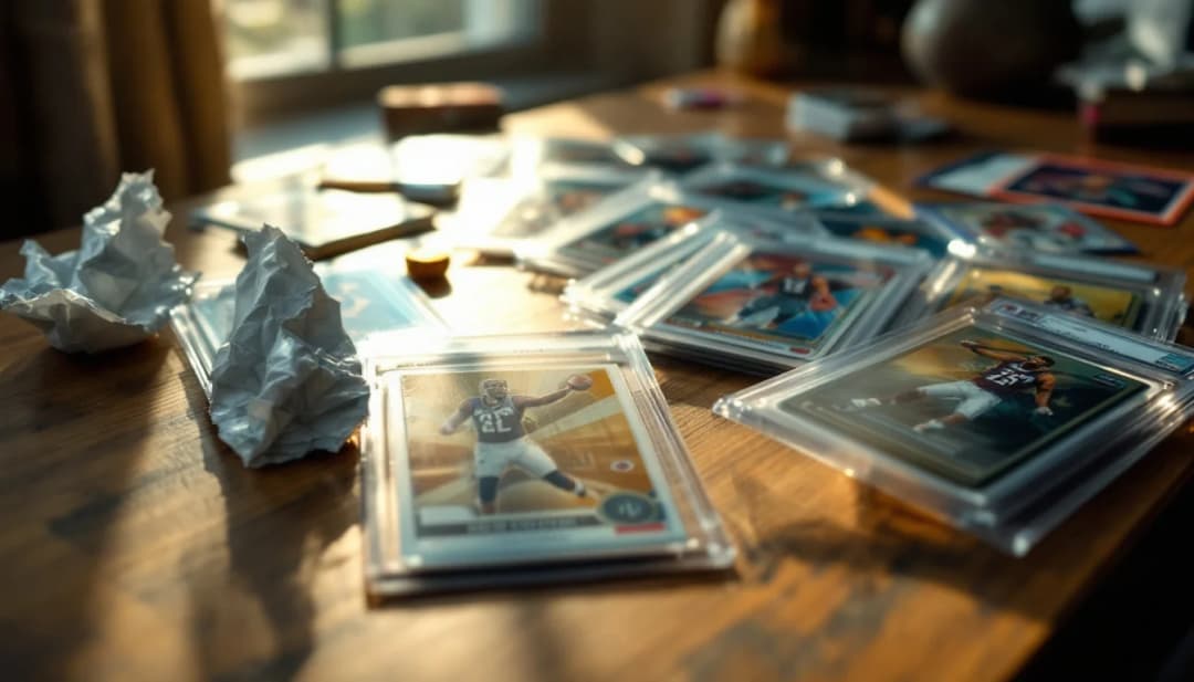 Graded sports cards in slabs spread across a table beside torn foil pack wrappers