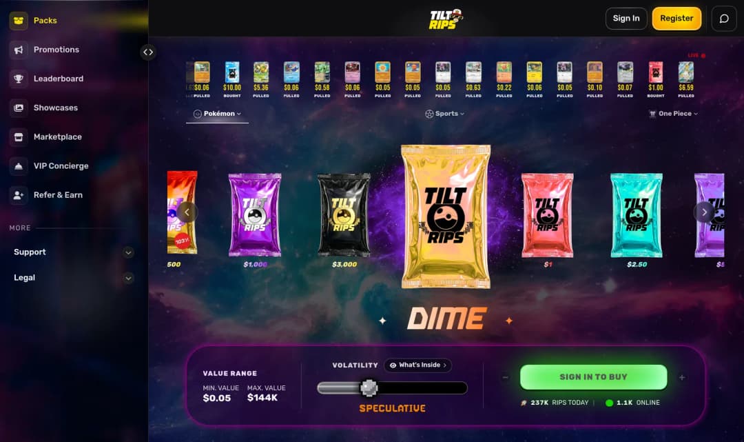 Tilt Rips' pack shelf with Sports now listed in the top navigation alongside Pokémon and One Piece