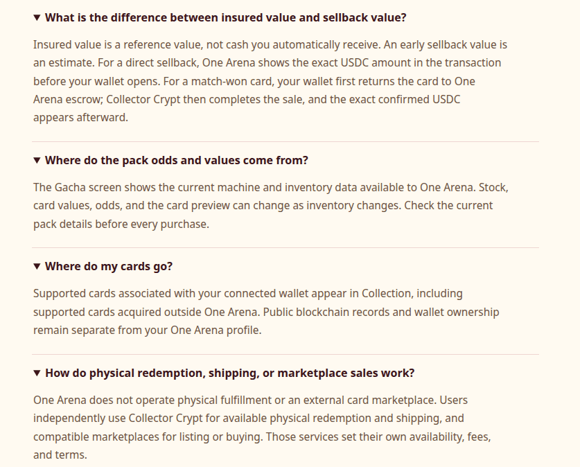 ONE Arena's FAQ, showing answers stating that insured value is a reference value rather than cash, and that ONE Arena does not operate physical fulfilment — users go to Collector Crypt for redemption and shipping.