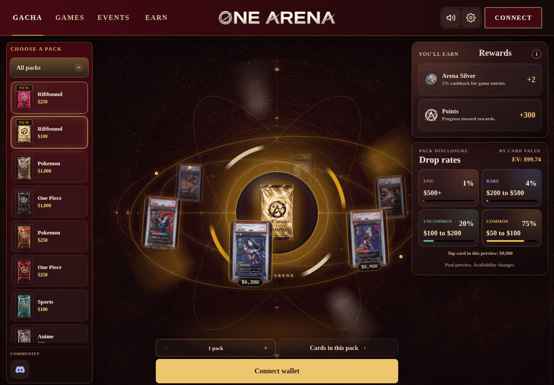 The ONE Arena gacha screen: a pack list on the left showing Riftbound, Pokémon, One Piece, Sports and Anime machines, a central pack-opening animation surrounded by graded card previews with values, and panels on the right for rewards and drop rates.